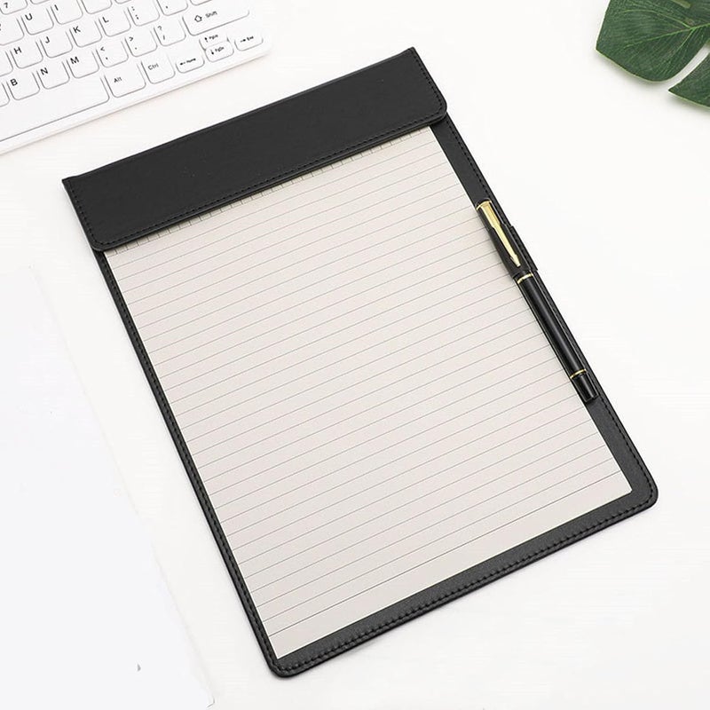 WELLYUK A4 Clipboard, 13" X 9" Office File Clip Folder Document Organizer Writing Pad Business Card Holder, Magnetic Conference Pad with Pen Holder PU Leather Black - Image 1